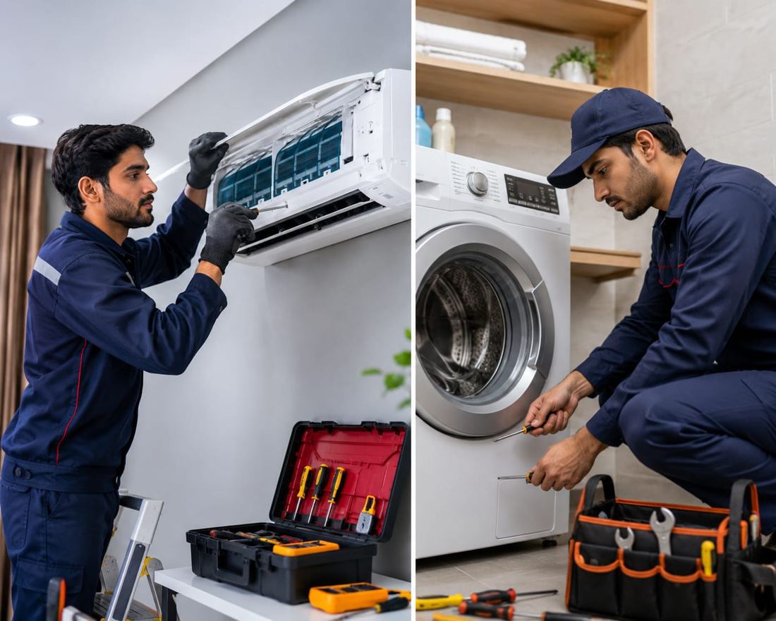 Technicians repairing AC and washing machine